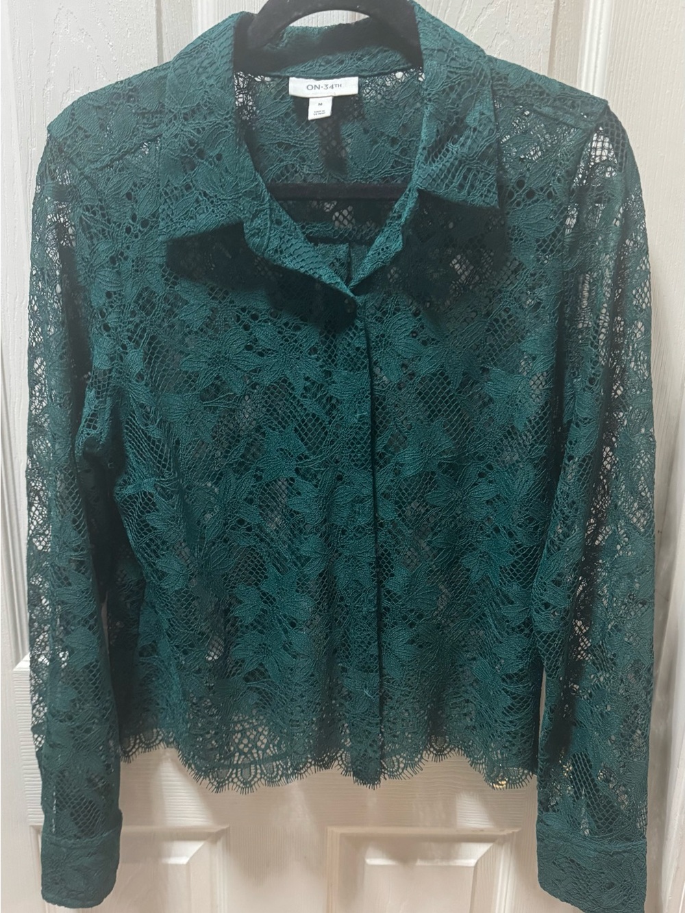 NWT  ON 34th  Forest Green Lace Button-Up Blouse